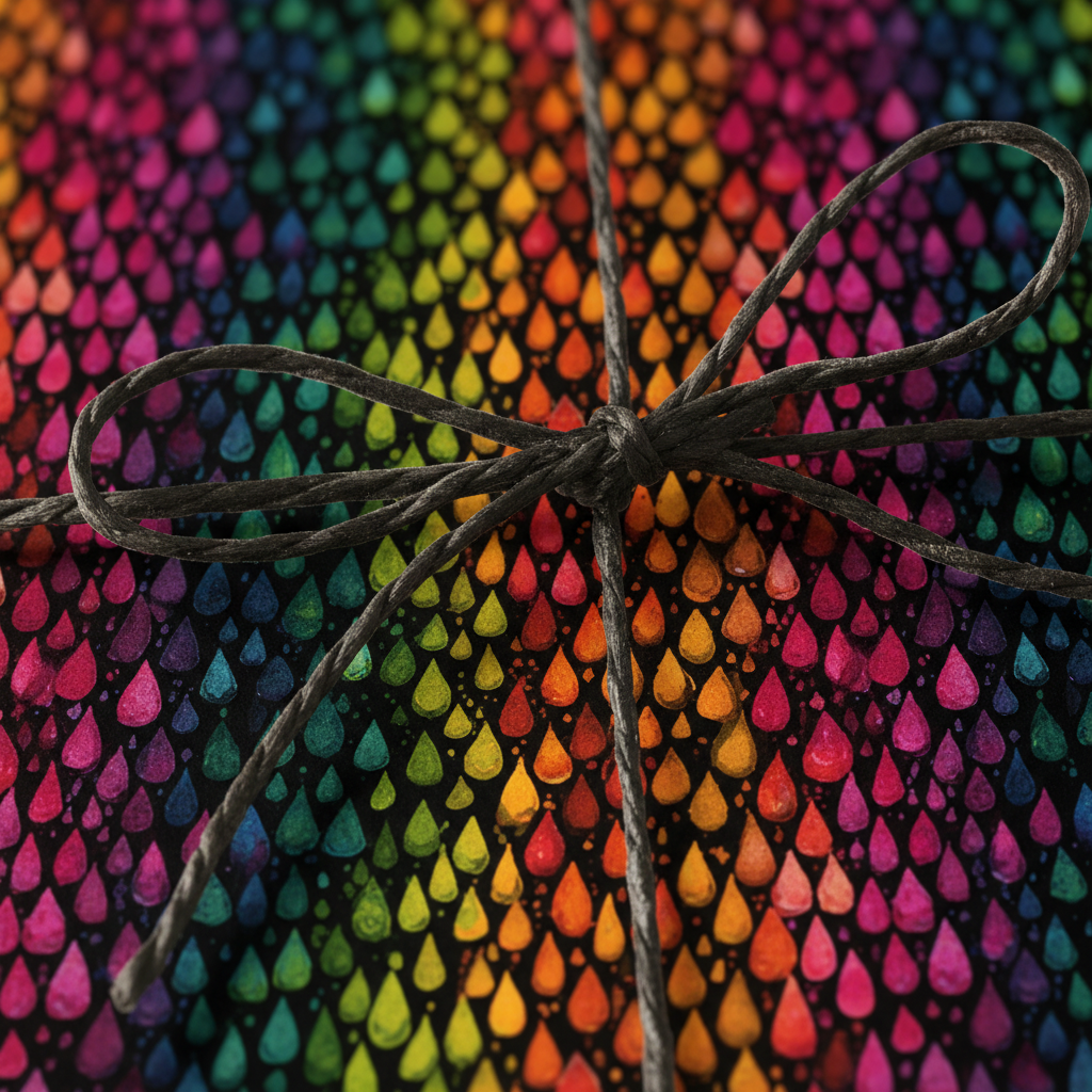 Close-up of a gift wrapped in colorful abstract teardrop patterned wrapping paper with a simple twine bow.