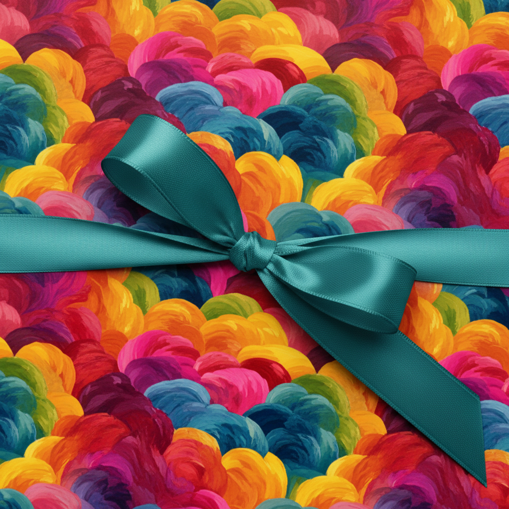Vibrant rainbow floral wrapping paper with a teal satin ribbon, perfect for a birthday gift.