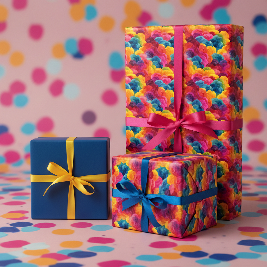 Festive gifts wrapped in colorful watercolor wrapping paper with bright ribbons, perfect for a birthday.