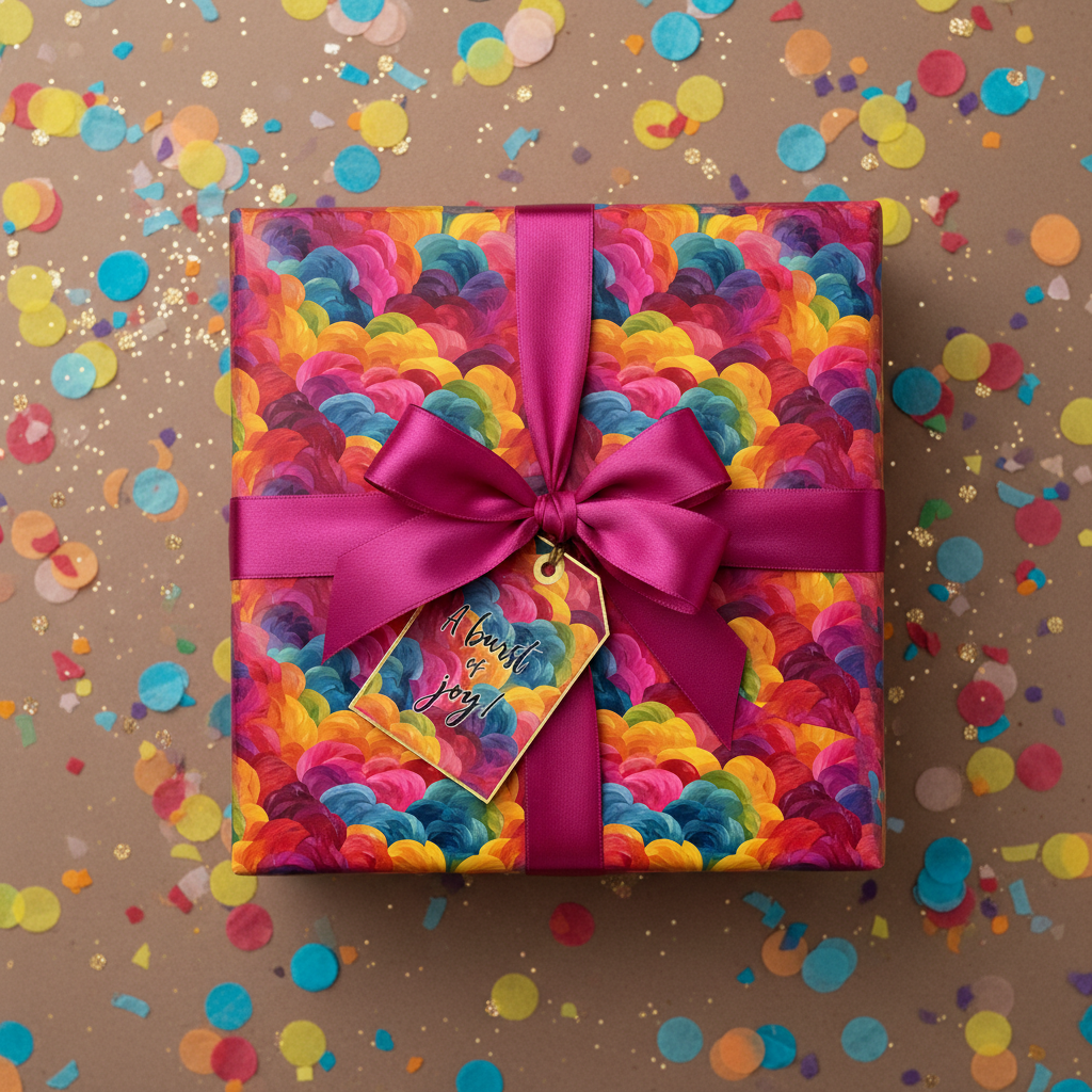Square gift box wrapped in colorful floral wrapping paper with a pink ribbon and confetti.