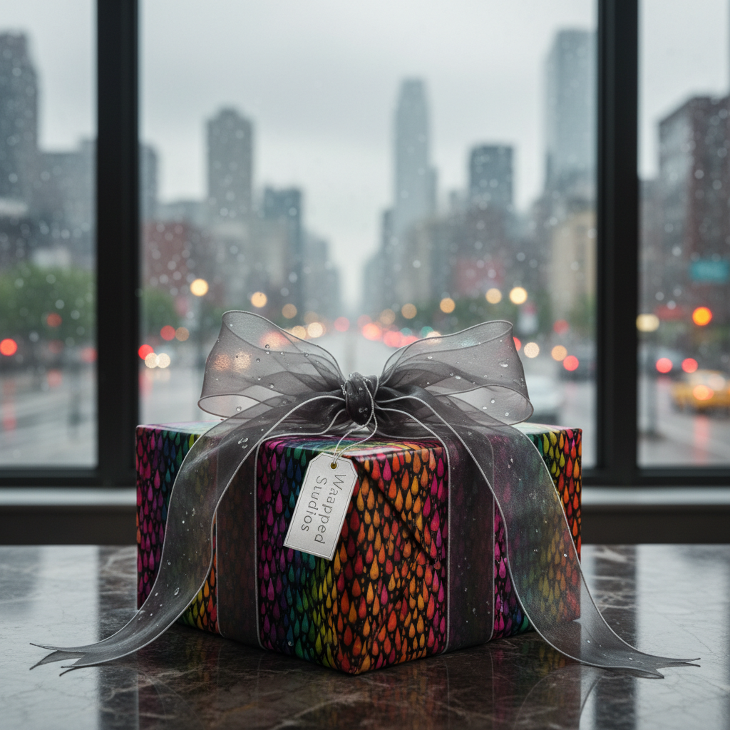 Modern gift wrapped in rainbow raindrop paper with sheer silver bow, cityscape view.