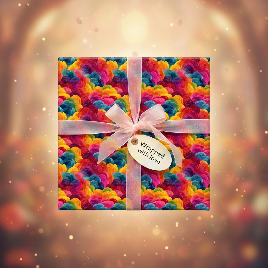 Square gift wrapped in colorful floral wrapping paper with sheer ribbon and "wrapped with love" tag.