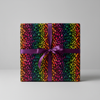 Square gift wrapped in colorful raindrop-patterned paper with a purple satin ribbon.