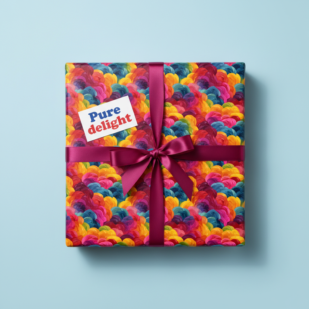 Square gift wrapped in colorful floral wrapping paper with a burgundy ribbon.