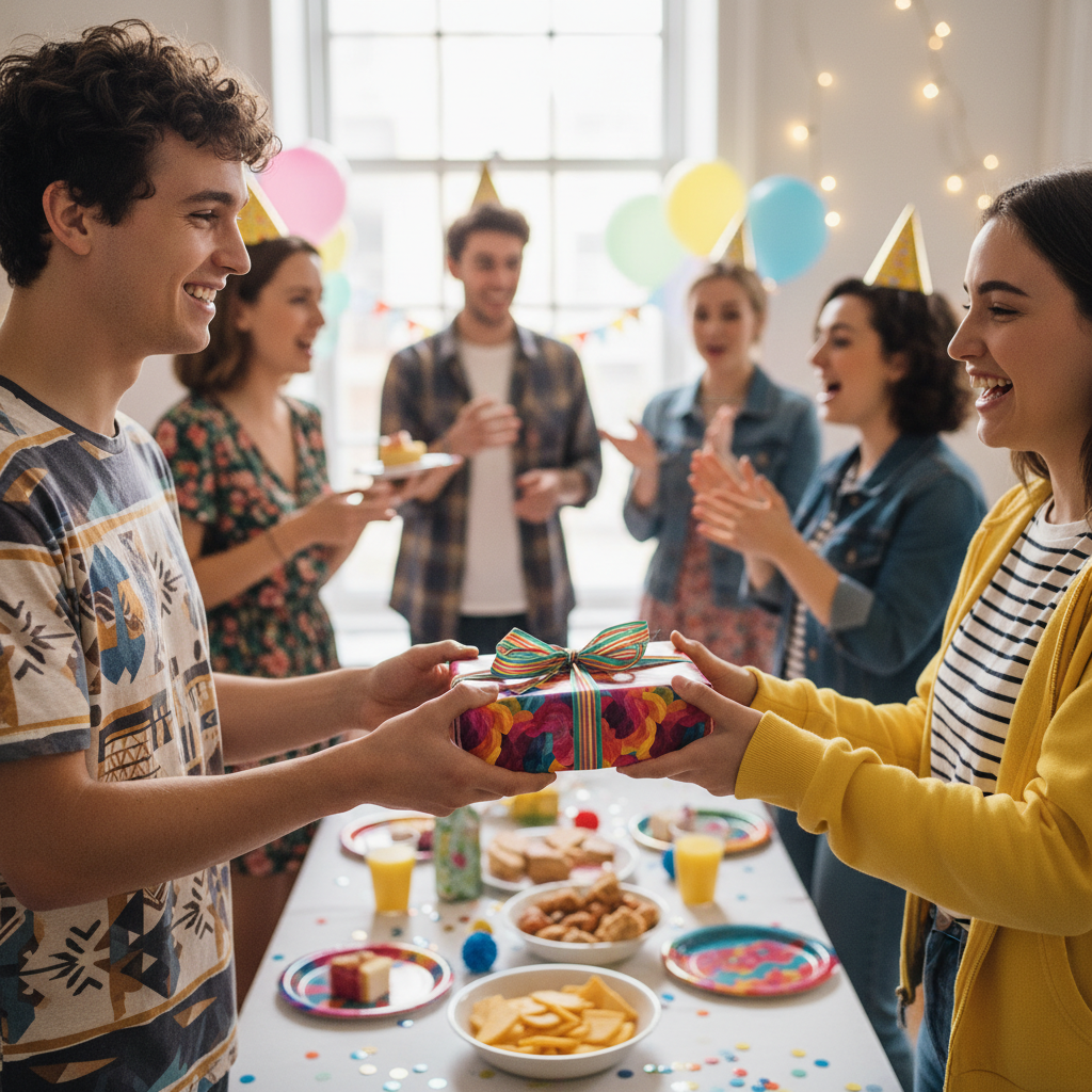 Birthday party gift exchange with bright floral wrapping paper and colorful ribbon bow.
