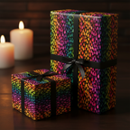 Rainbow colored wrapping paper with a teardrop pattern on two gifts tied with black ribbon.