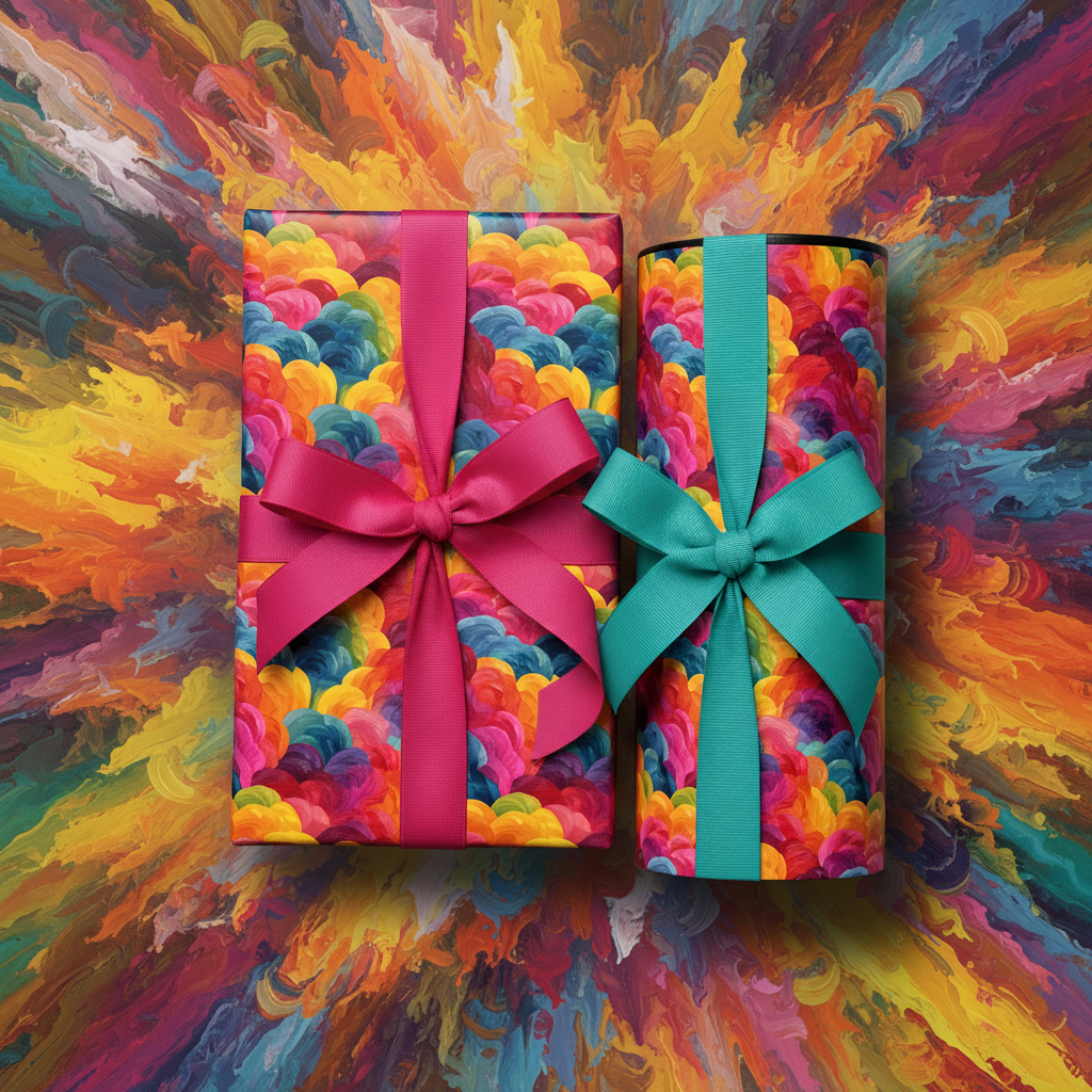 Gifts wrapped in colorful abstract patterned wrapping paper with bright pink and teal ribbon bows.