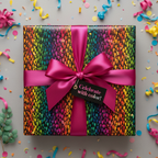 Rainbow gift wrap with pink satin bow, perfect for a colorful birthday celebration!