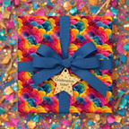Celebration-themed gift wrapped in colorful floral wrapping paper with a blue ribbon and star-shaped tag.