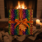 Festive gift box wrapped in colorful raindrop pattern paper with rustic ribbon and leaf tag, perfect Christmas gift wrap.
