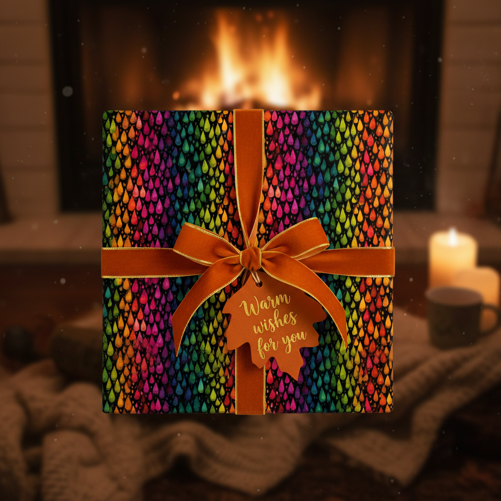 Festive gift box wrapped in colorful raindrop pattern paper with rustic ribbon and leaf tag, perfect Christmas gift wrap.