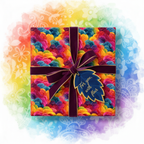 Square gift box wrapped in colorful, abstract-patterned wrapping paper with a velvet ribbon.