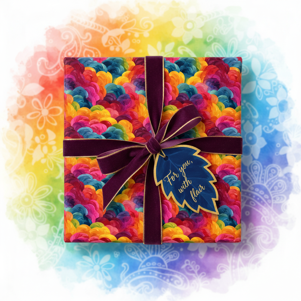 Square gift box wrapped in colorful, abstract-patterned wrapping paper with a velvet ribbon.