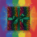 Square gift wrapped in rainbow droplet wrapping paper with dark green ribbon for birthday or special occasion.