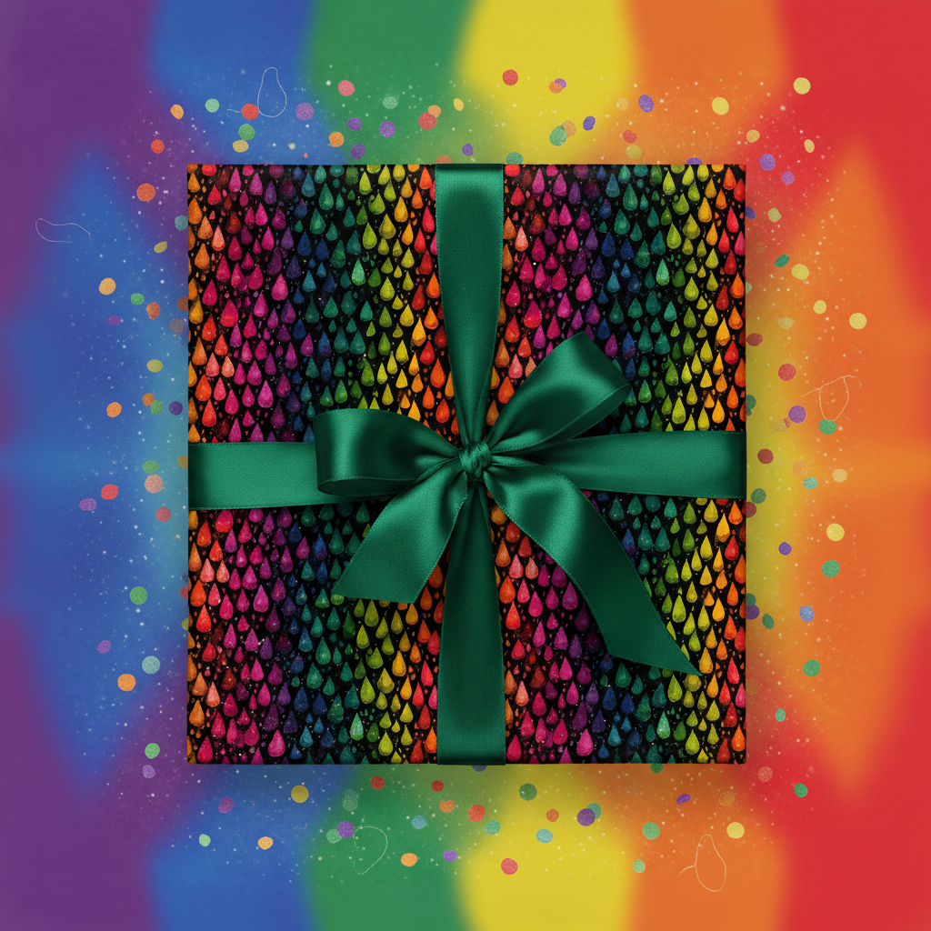 Square gift wrapped in rainbow droplet wrapping paper with dark green ribbon for birthday or special occasion.
