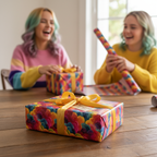 Colorful floral wrapping paper with yellow ribbon on a gift box; people wrapping gifts in background.