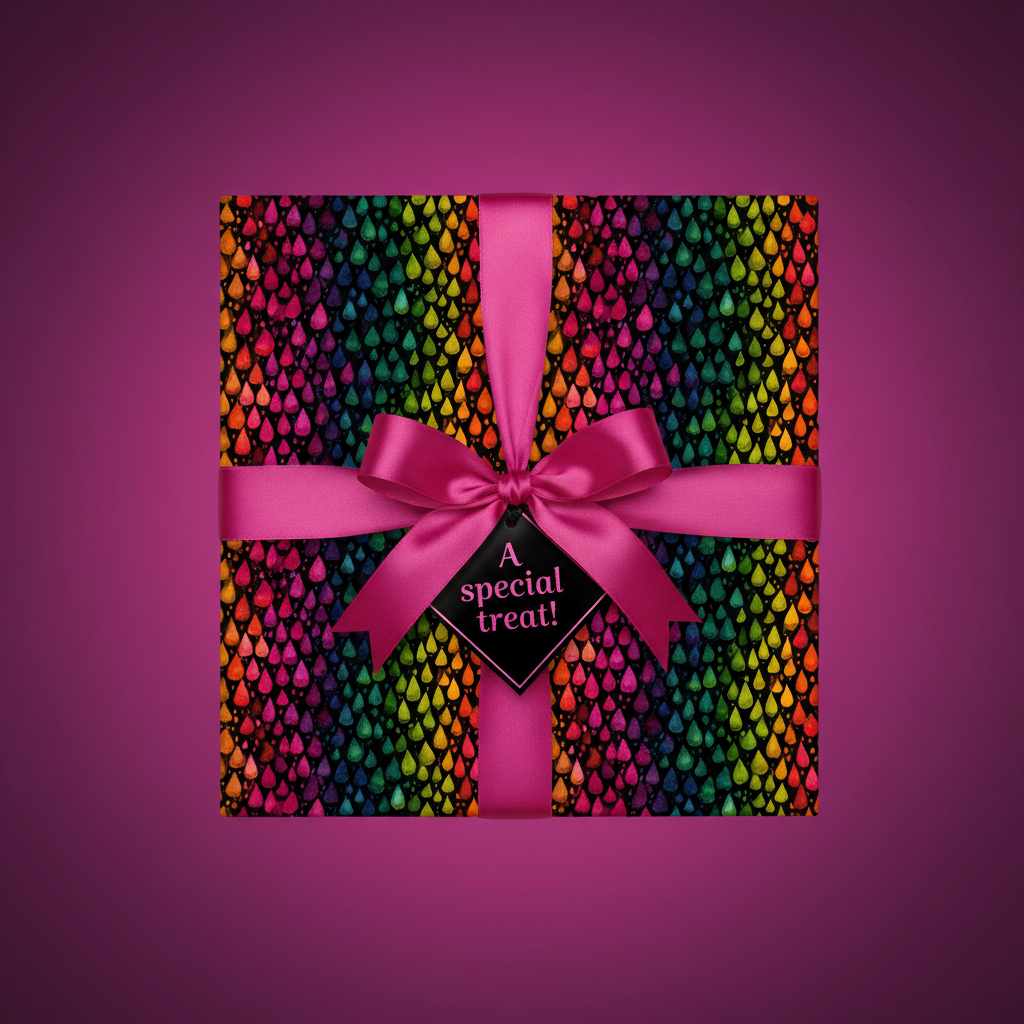 Square gift box with rainbow rain drop wrapping paper, tied with a pink satin bow and "A special treat!" gift tag.