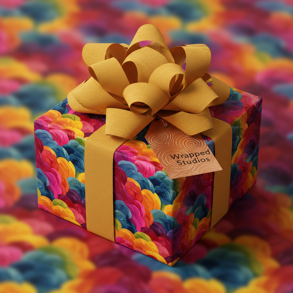 Vibrant floral wrapping paper with gold ribbon, perfect for birthday or special occasion gifts.