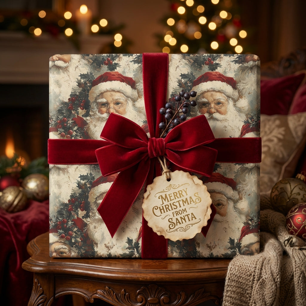Vintage Christmas gift wrap featuring Santa Claus with a red velvet ribbon and "Merry Christmas from Santa" tag.