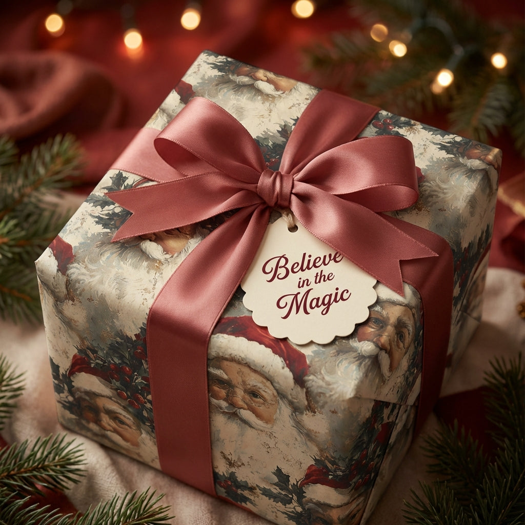 Christmas present wrapped in Santa print paper with mauve ribbon and "Believe in the Magic" tag.