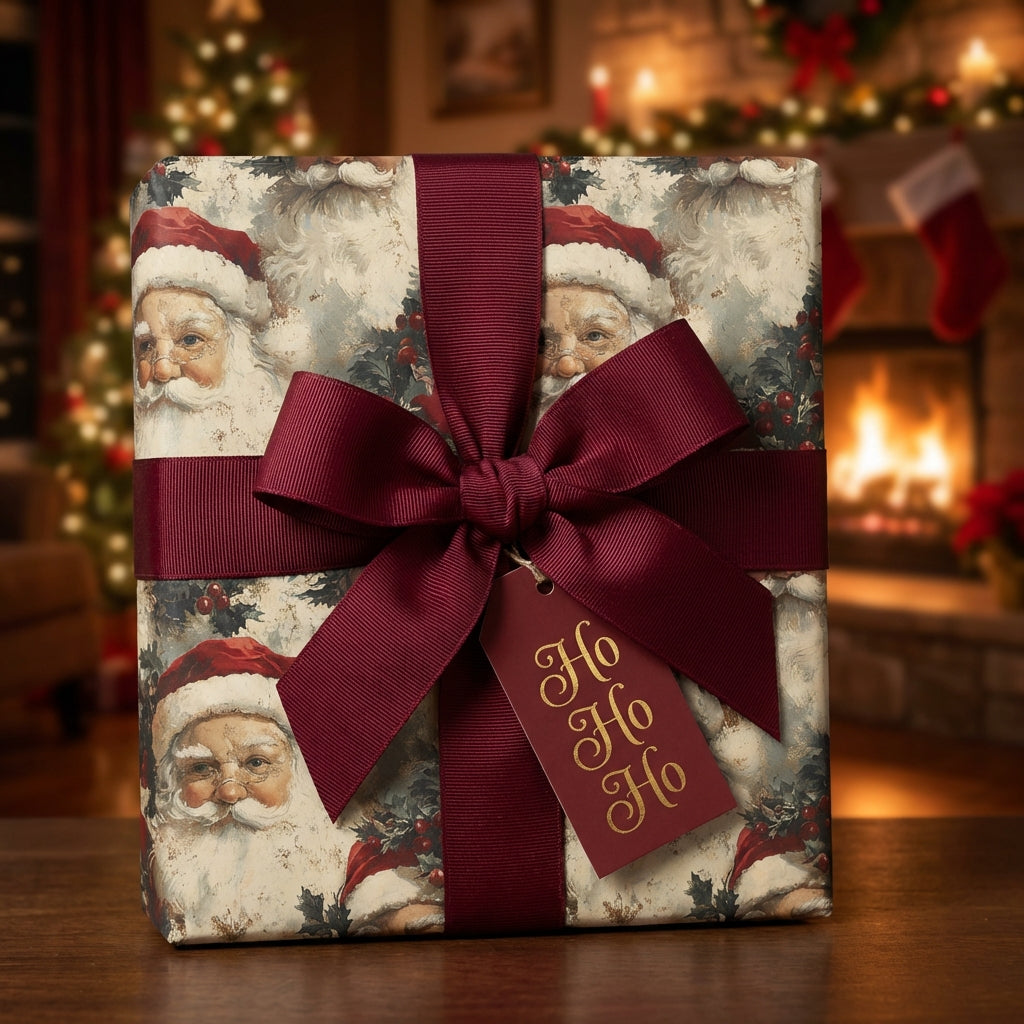 Vintage Santa Christmas wrapping paper with a burgundy ribbon and "Ho Ho Ho" tag; festive holiday gift.