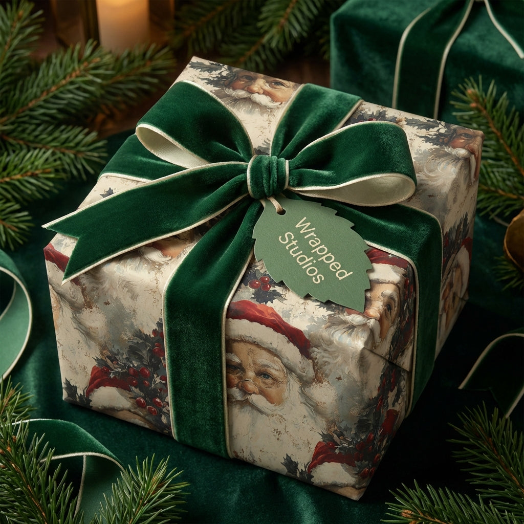 Elegant Christmas gift wrapped in Santa-themed paper with a luxurious green velvet ribbon and a matching gift tag.