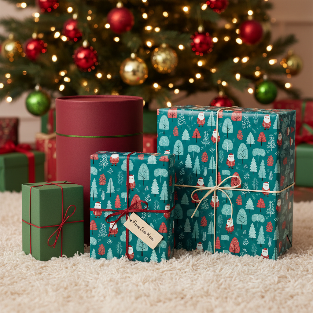 Christmas gift wrap with a teal Santa and tree pattern, red and green gift boxes, and a festive tree in the background.