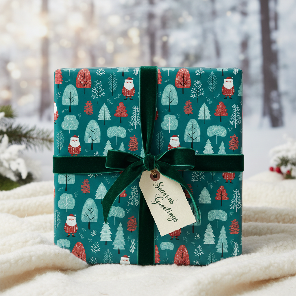 Festive Christmas wrapping paper with a playful Santa, red and teal trees, dark green velvet ribbon, and a "Season's Greetings" tag.