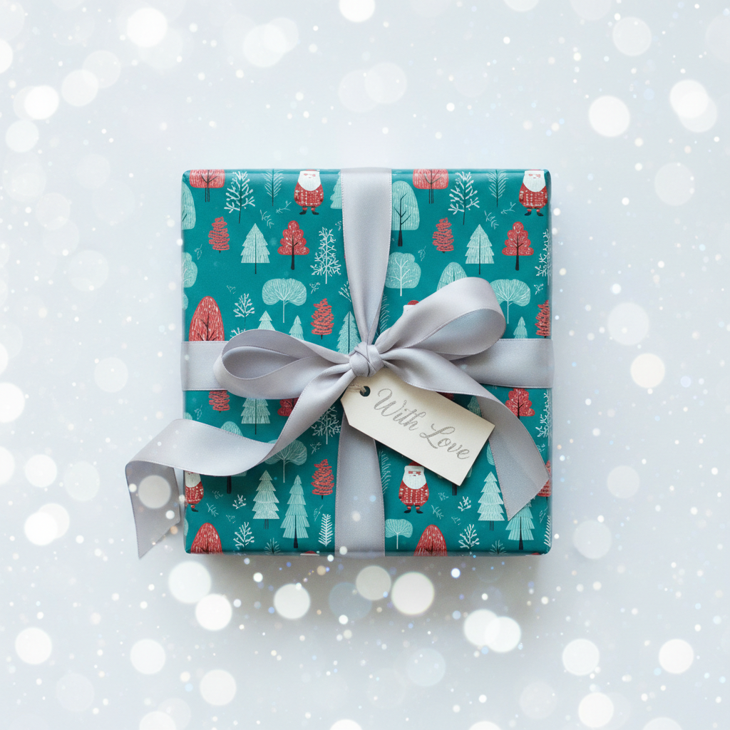Whimsical teal and red Christmas wrapping paper with Santa and trees, tied with a silver ribbon and "With Love" gift tag.