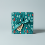 Christmas wrapping paper with a playful Santa and trees pattern in teal, red, and white, tied with a teal ribbon and gift tag.