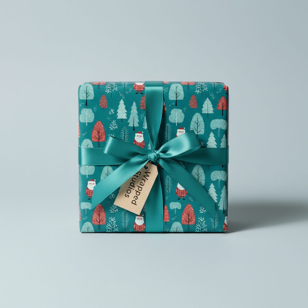 Christmas wrapping paper with a playful Santa and trees pattern in teal, red, and white, tied with a teal ribbon and gift tag.