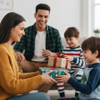 Happy mother receiving a Christmas gift from her son, with father and younger brother in the background opening presents.