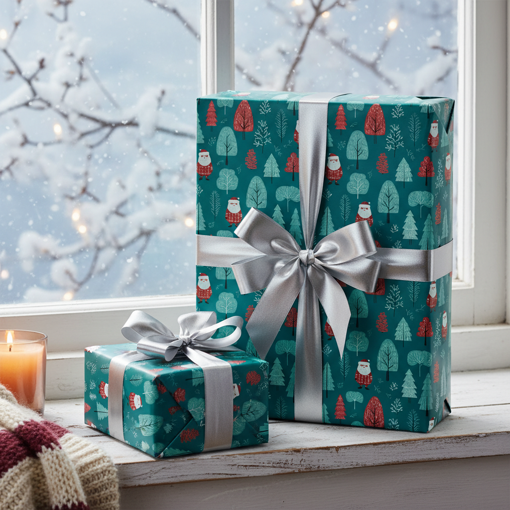 Christmas wrapping paper with a playful Santa and trees pattern in teal and red, tied with silver bows, on a snowy windowsill.