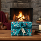 Christmas wrapping paper with a festive Santa and tree pattern, teal ribbon, and "Joyful Tidings" tag, on a rustic table by a fireplace.