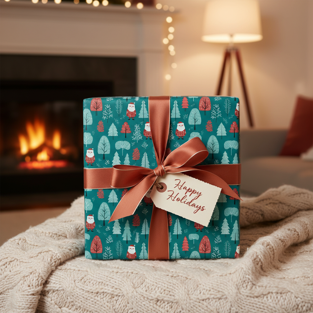 Whimsical Christmas wrapping paper with Santa and trees, tied with a satin ribbon and "Happy Holidays" tag, in a cozy fireside setting.