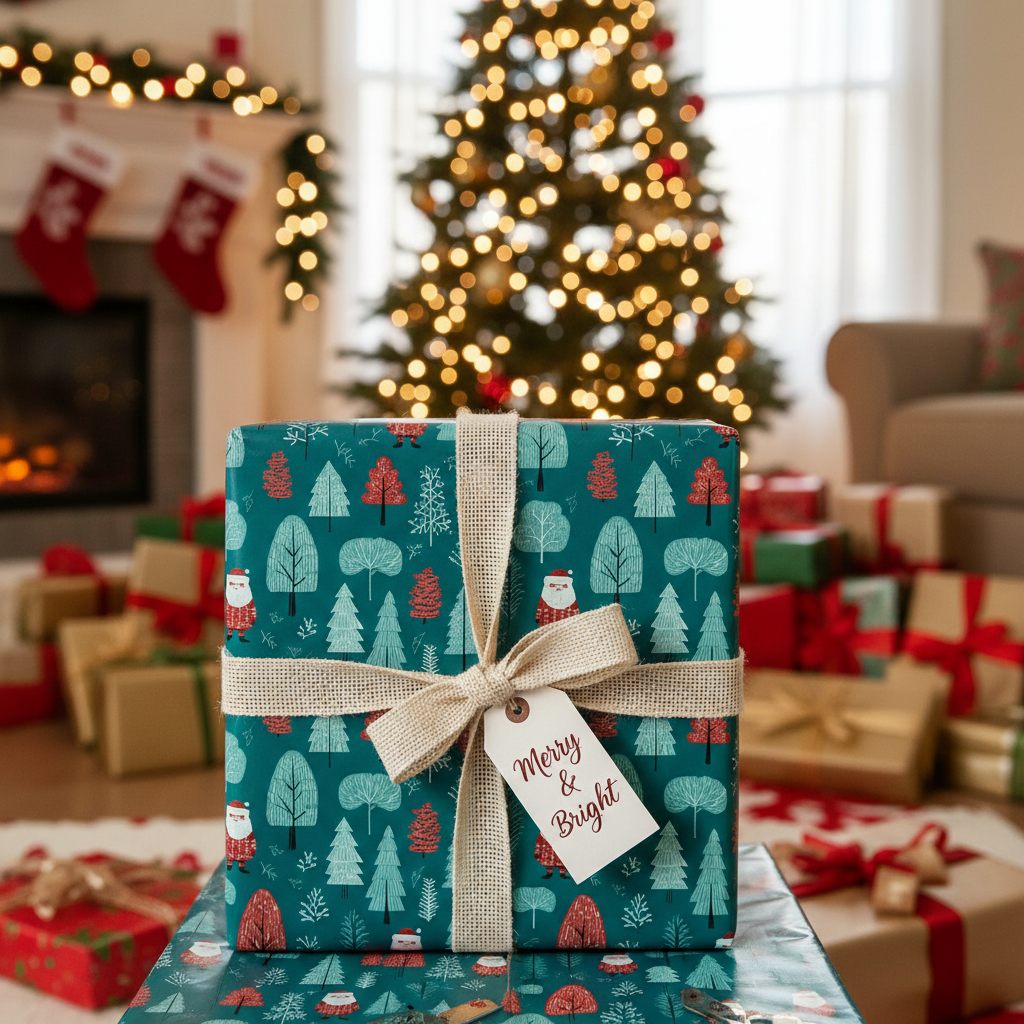 Christmas wrapping paper with a festive Santa and tree pattern, tied with a burlap ribbon and a "Merry & Bright" tag.