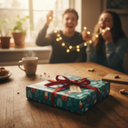 Festive Christmas gift box with cute winter patterns and a red ribbon, on a rustic wooden table with happy people and fairy lights in the background.