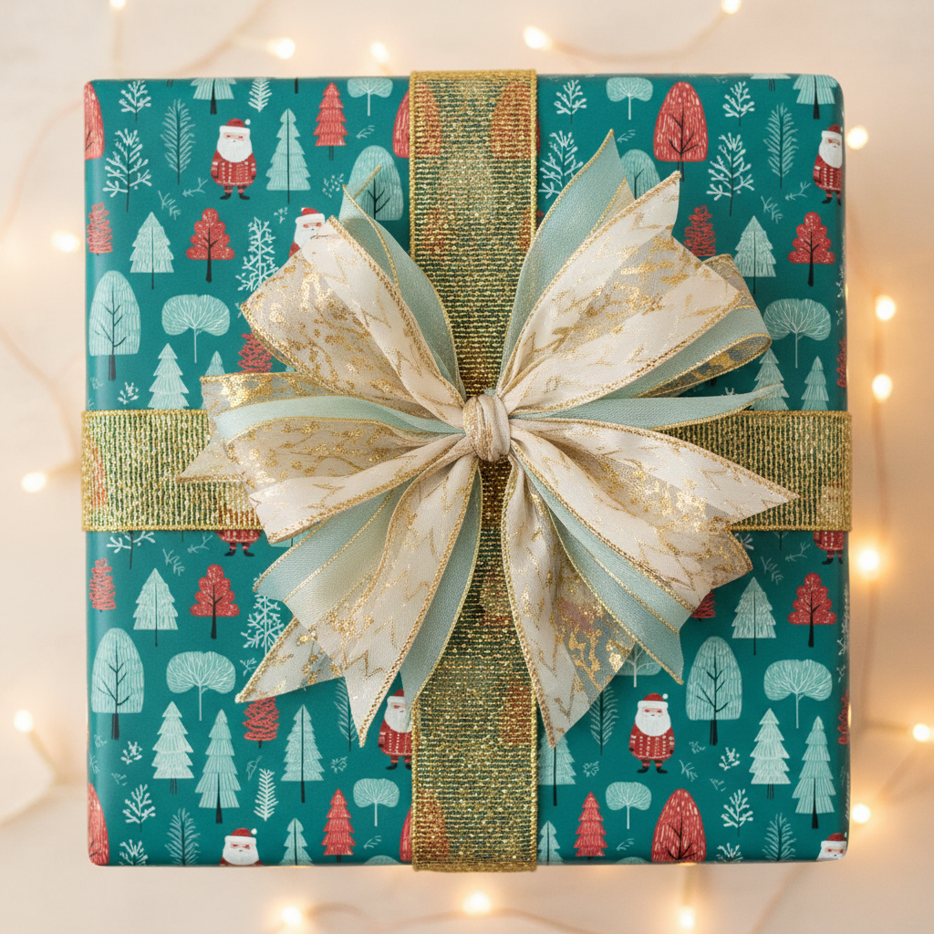Christmas gift wrap with a teal Santa and tree pattern, adorned with a luxurious gold and mint green ribbon and bow, set against soft string lights.