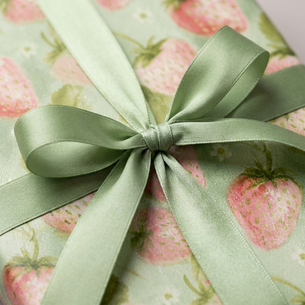 Strawberry wrapping paper with a sage green satin bow for birthdays and baby showers by Wrapped Studios.