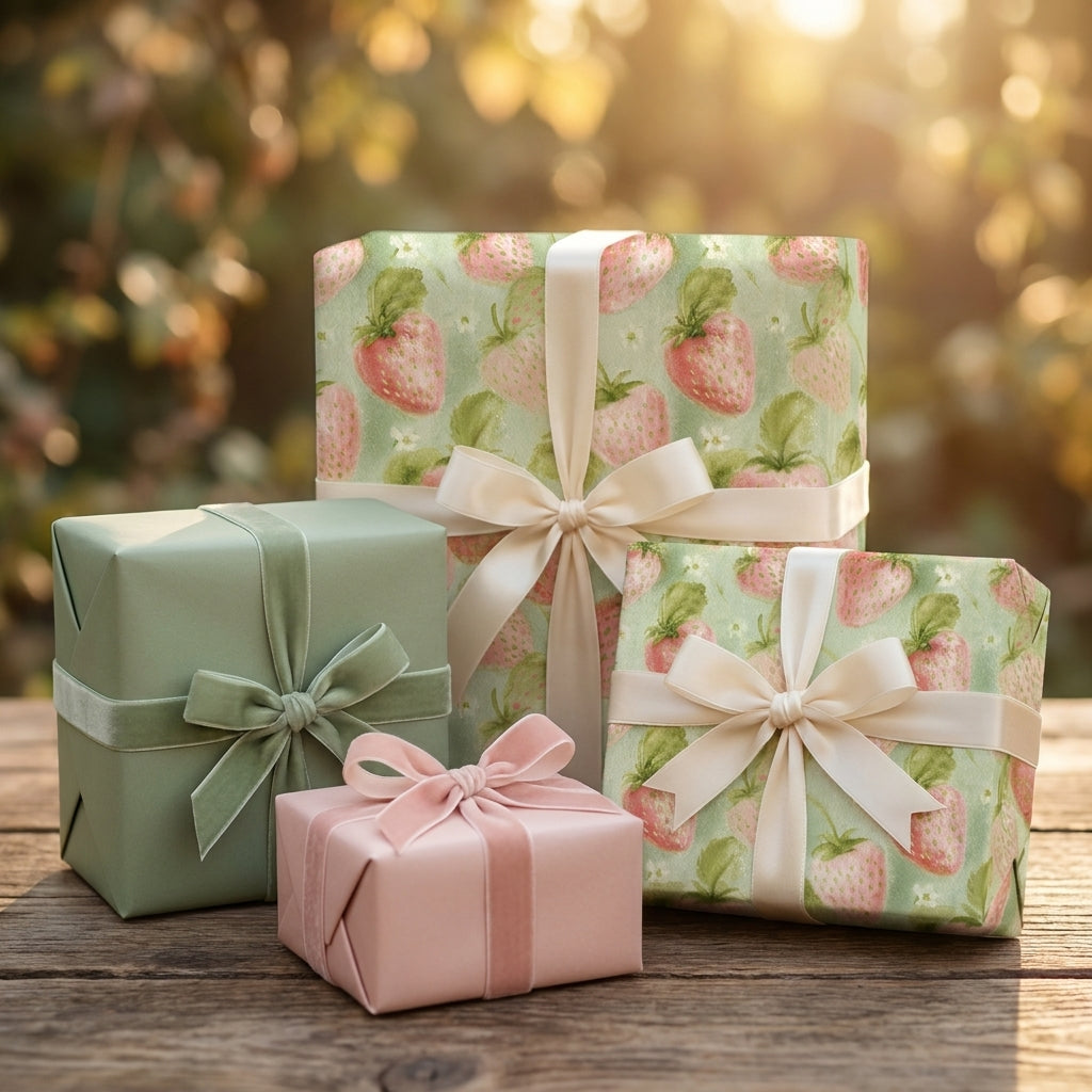 Strawberry wrapping paper with cream bows on pastel luxury gift boxes by Wrapped Studios.