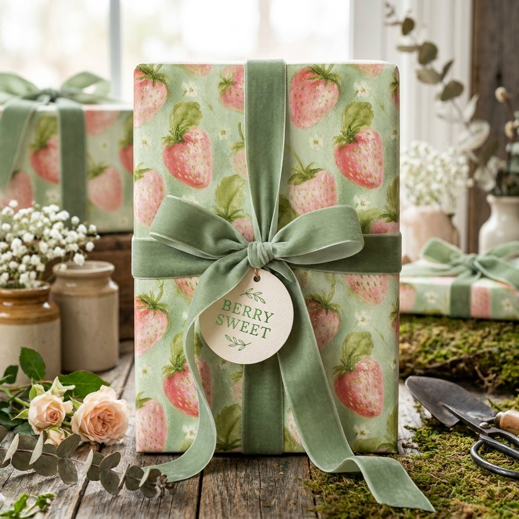 Strawberry wrapping paper with a sage green velvet ribbon and 'Berry Sweet' gift tag by Wrapped Studios.
