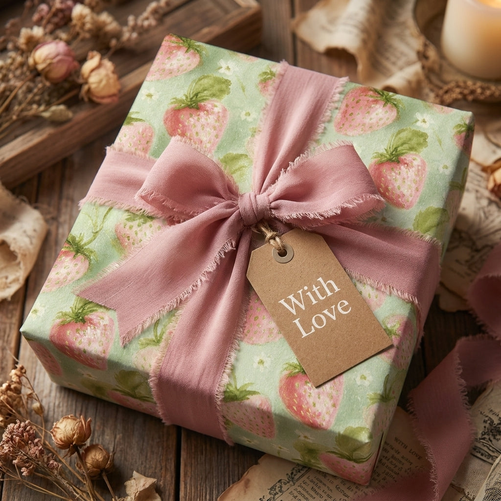 Vintage strawberry wrapping paper with a dusty pink chiffon ribbon and gift tag by Wrapped Studios.