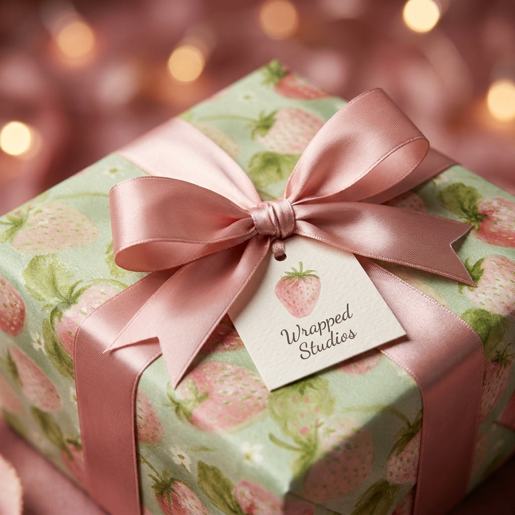 Strawberry wrapping paper on a gift box with a pink satin bow by Wrapped Studios.