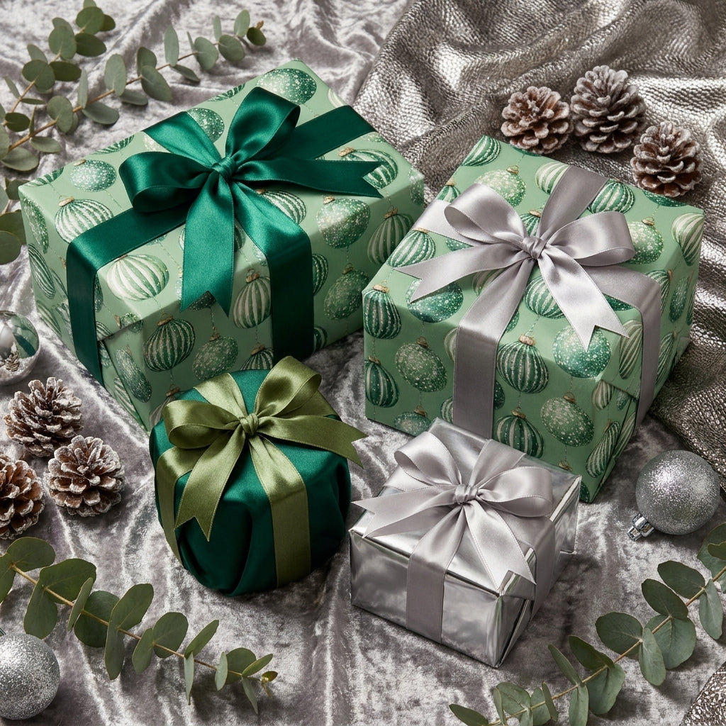 Luxury Christmas wrapping paper in sage green ornament pattern with satin bows by Wrapped Studios.