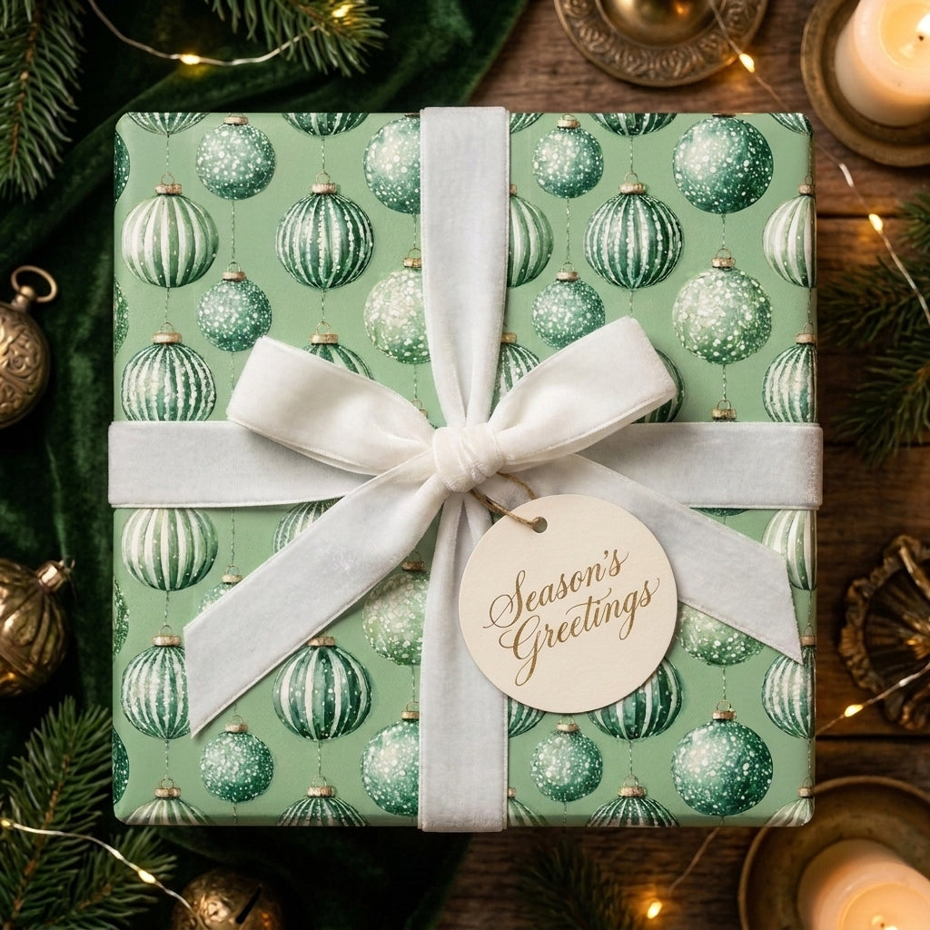 Luxury green Christmas ornament wrapping paper with white velvet bow and holiday tag by Wrapped Studios.