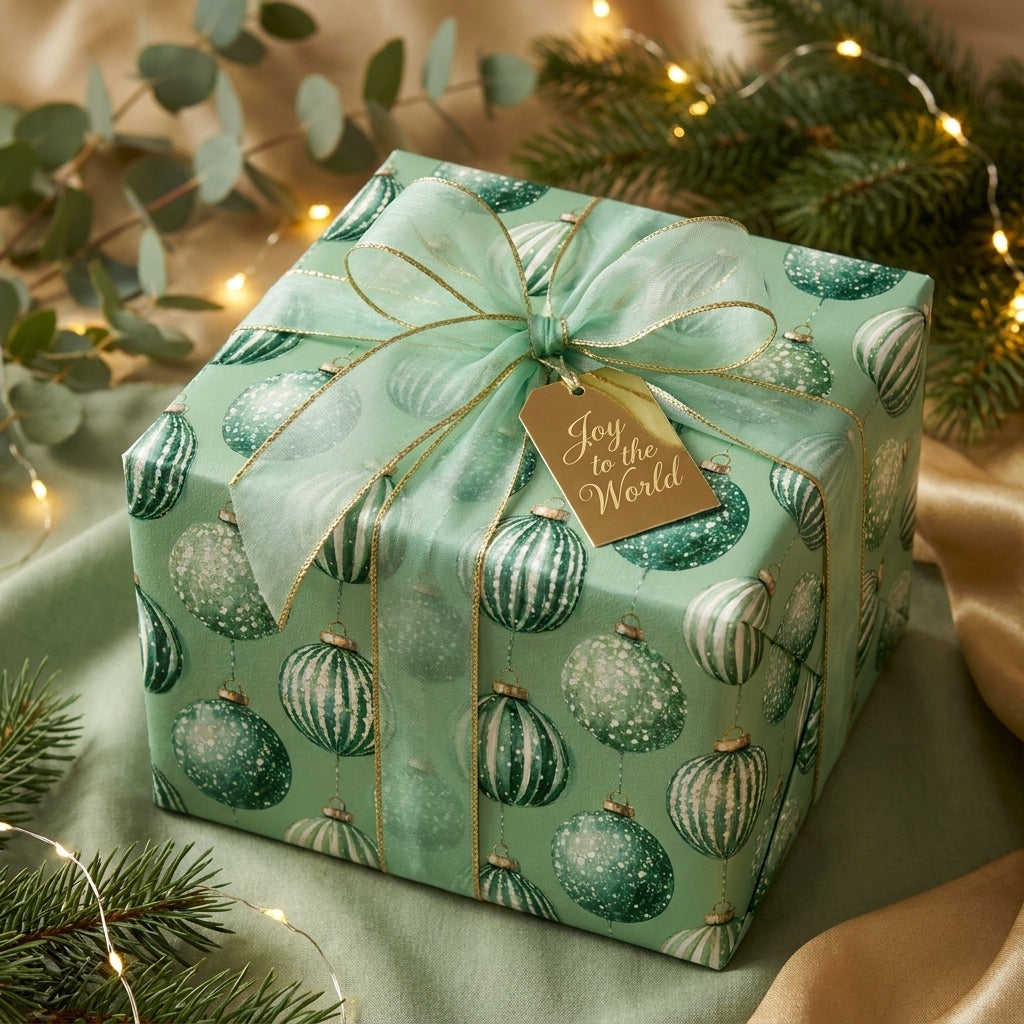 Sage green Christmas wrapping paper with elegant ornament pattern and sheer bow by Wrapped Studios.