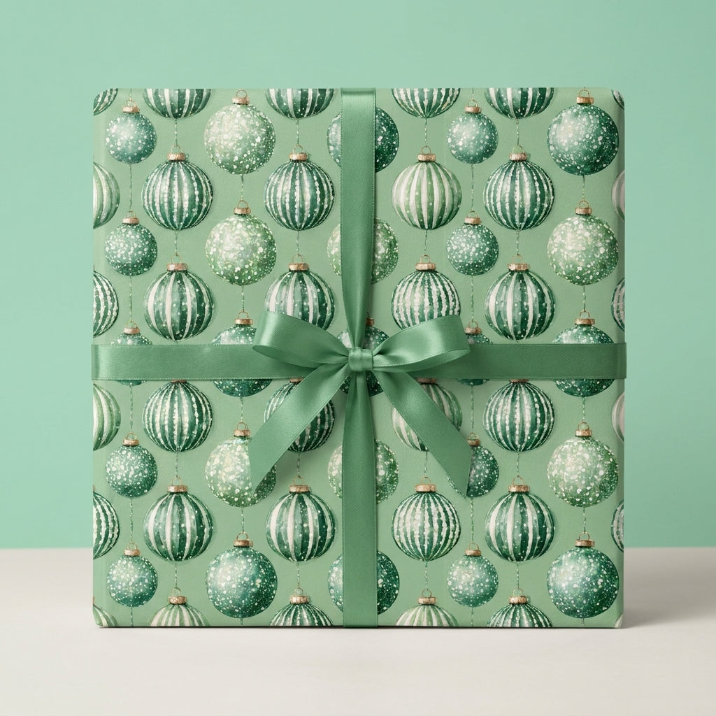 Sage green Christmas wrapping paper with festive ornaments and matching satin ribbon by Wrapped Studios.