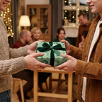 Elegant green ornament Christmas gift wrap by Wrapped Studios on a present with velvet bow at a holiday gathering.