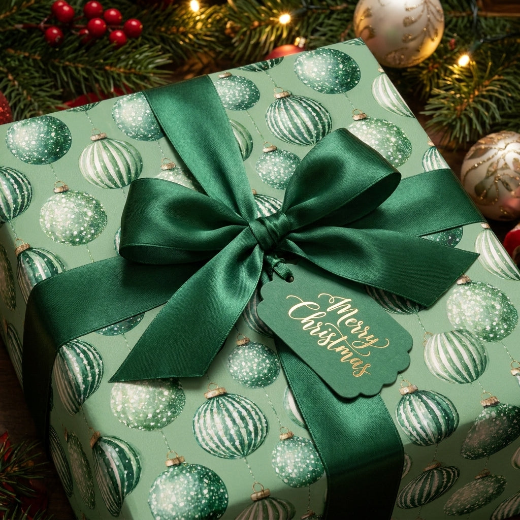 Luxury green Christmas wrapping paper with ornament pattern, satin bow, and tag by Wrapped Studios.