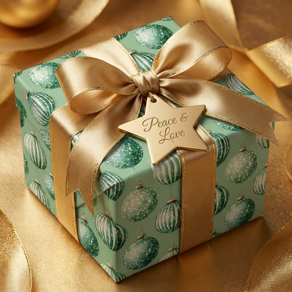 Luxury green Christmas wrapping paper with ornament pattern and gold bow by Wrapped Studios.